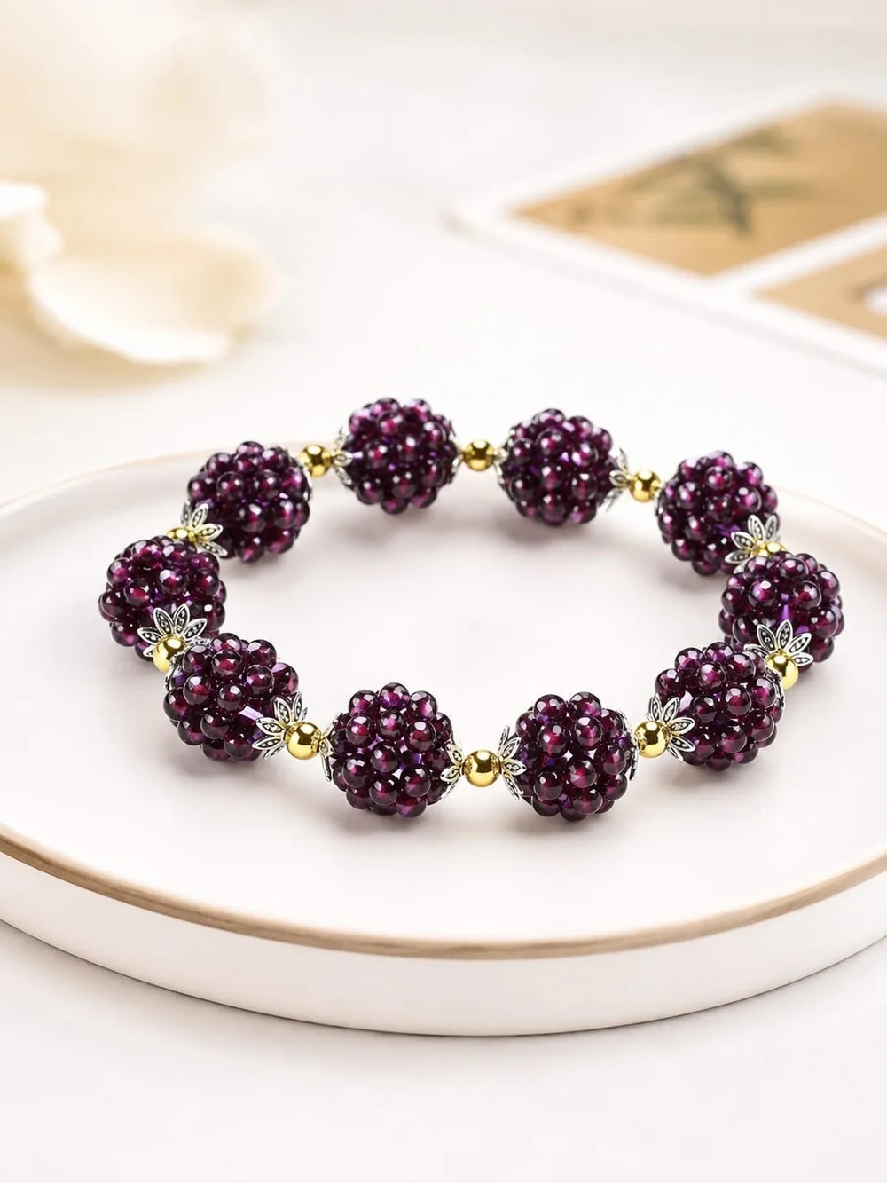 Handcrafted Garnet Bead Bracelet with Gold Accents